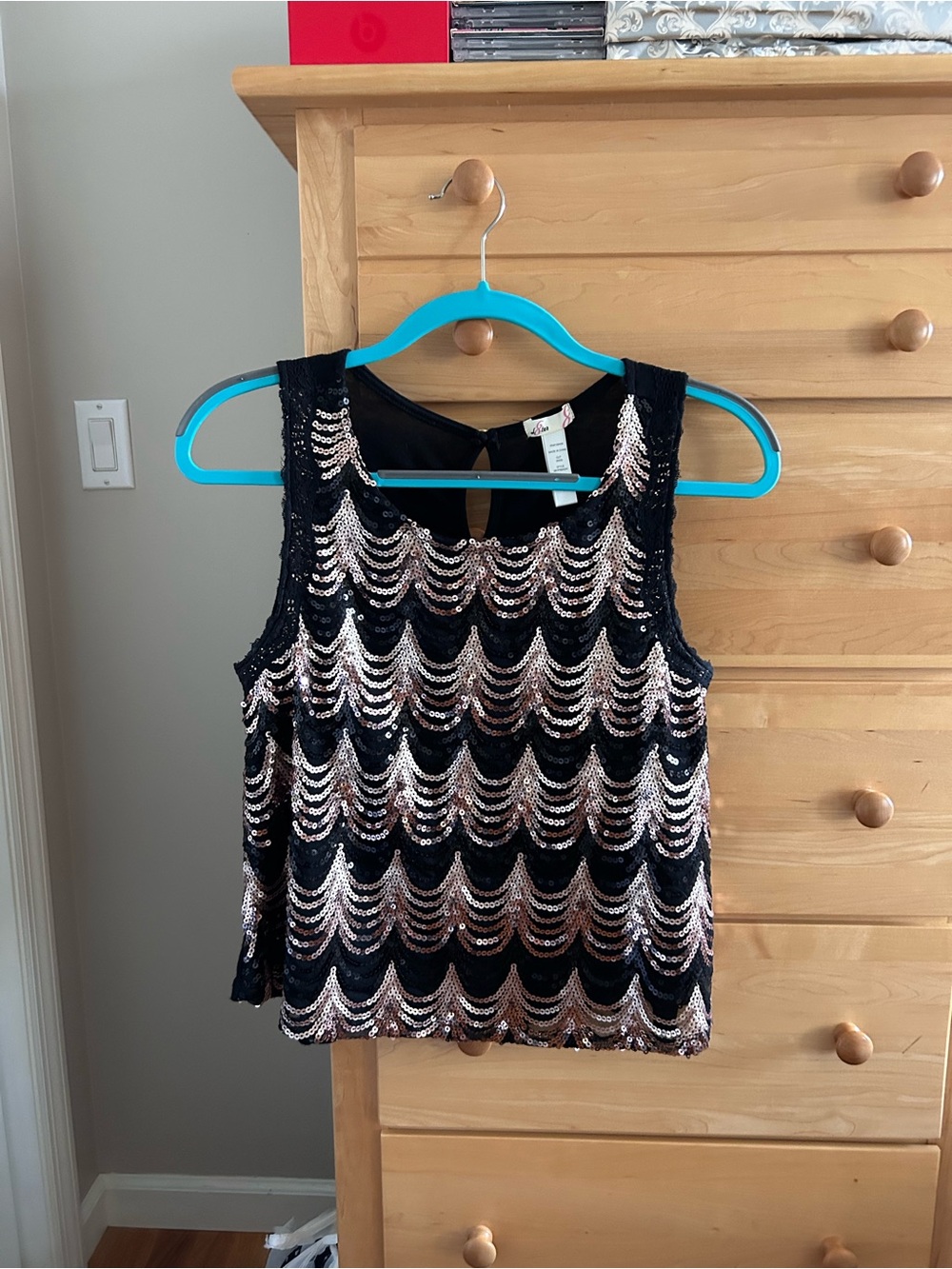 L8teR Black Tank Top with Rose Gold Sequin Waves
